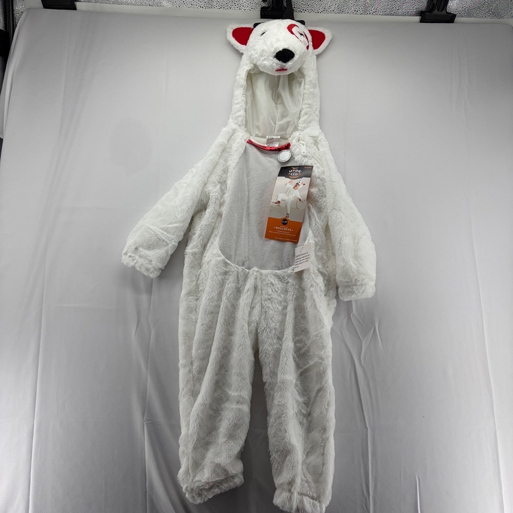 Hyde and Eek Toddler Bullseye Dog Costume White Faux Fur Jumpsuit 2T-3T NWT